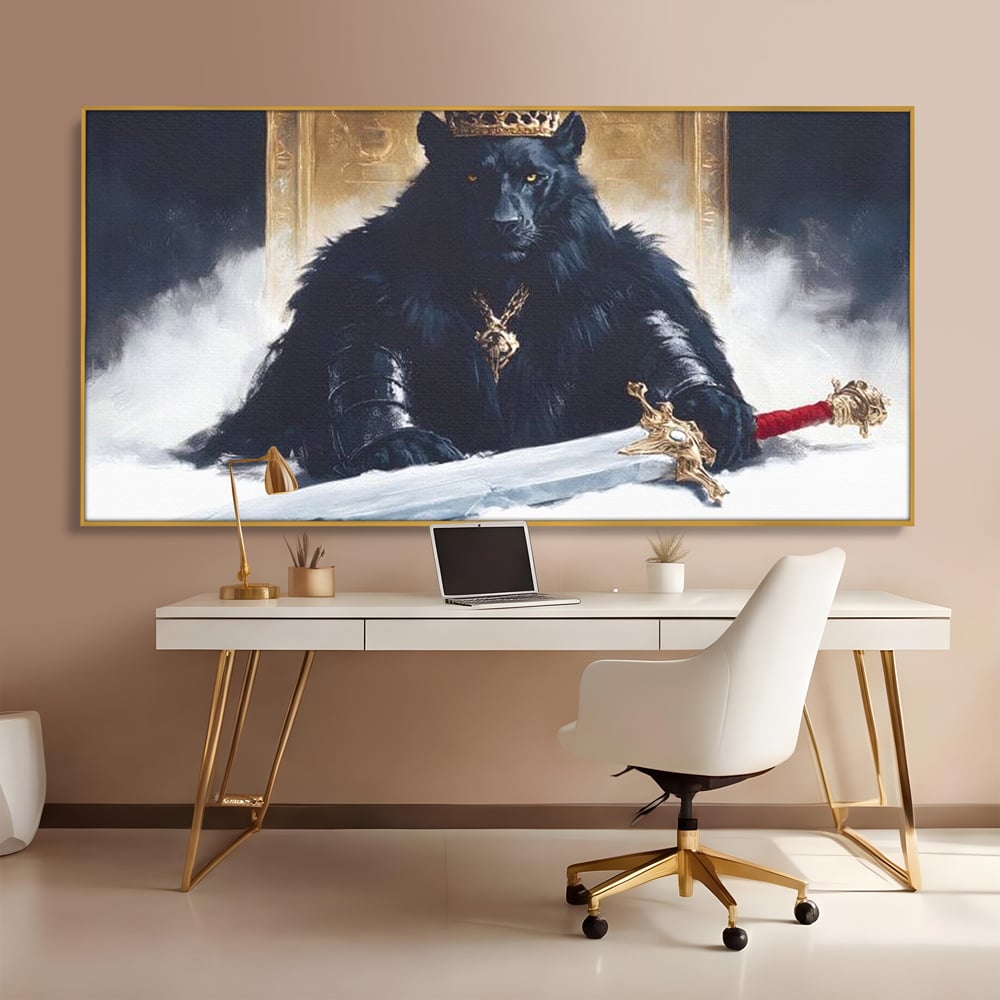 Tablou canvas cu tablou canvas cu pantera rege pe tron, in rama de aluminiu auriu, pe perete intr-un birou